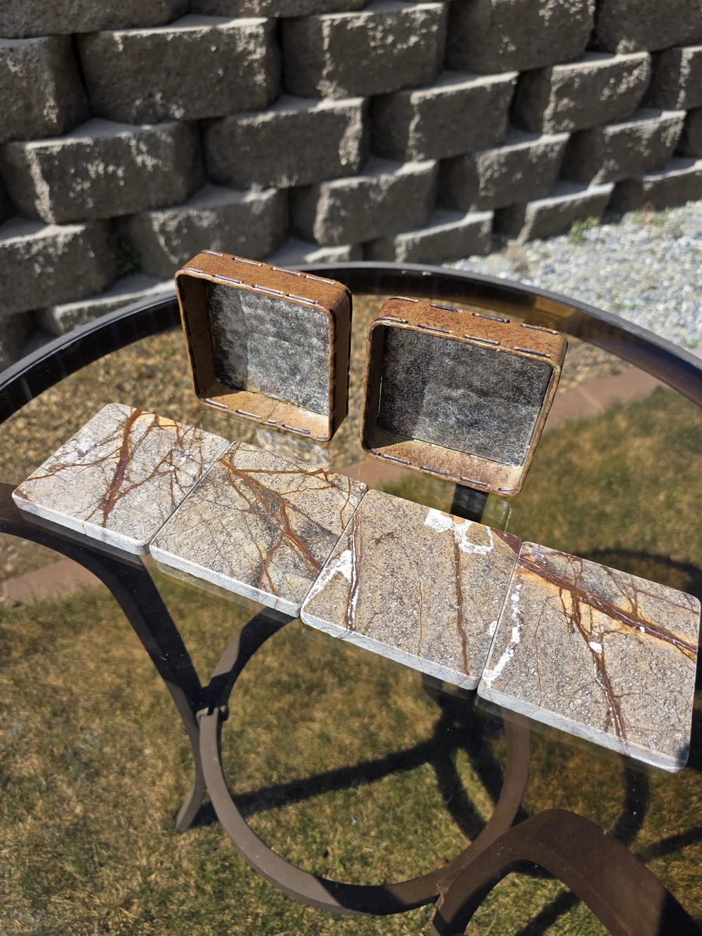 Cafe Forest Marble Tile Coasters w/Brown/White Vein Pattern set of 4 w/holders